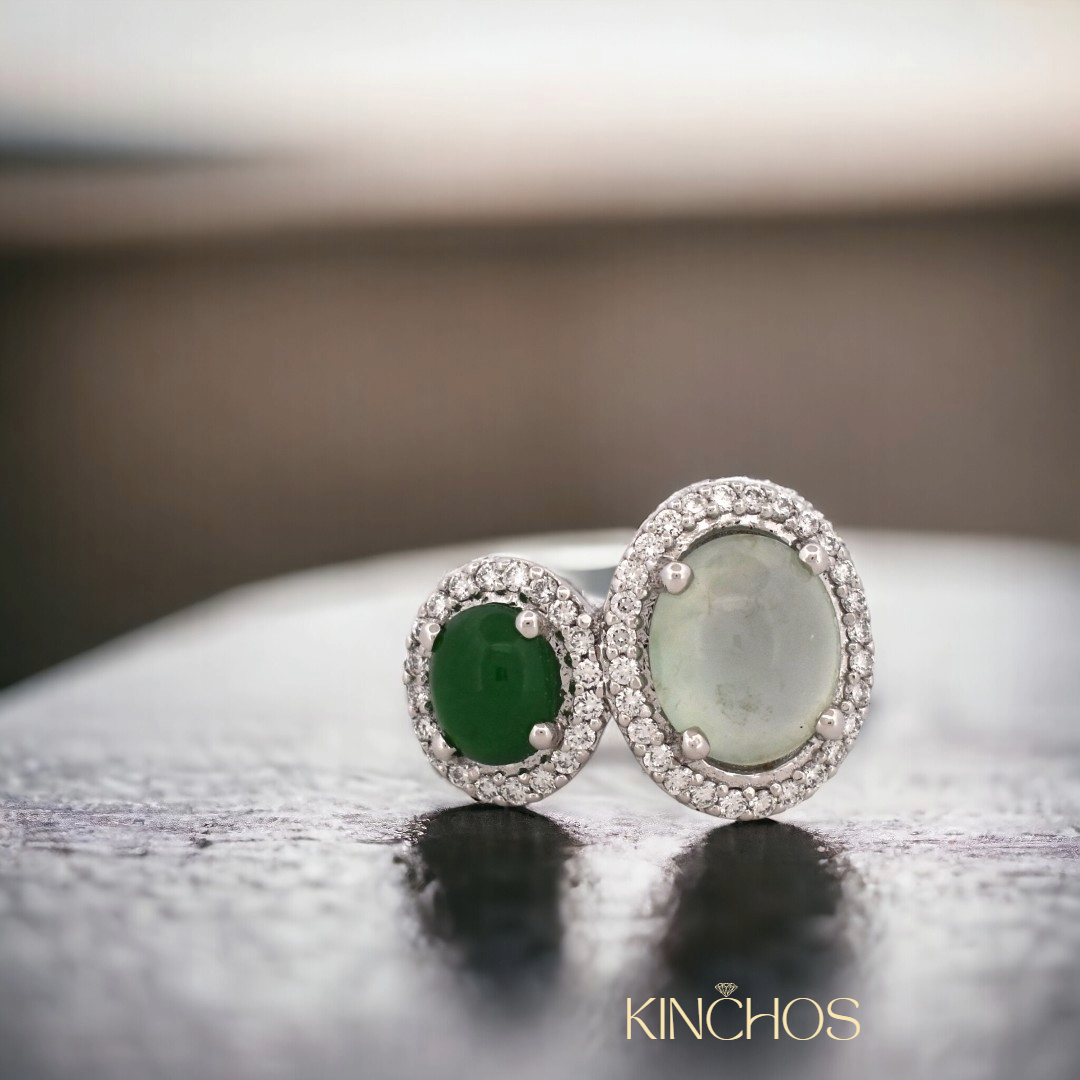 Kinchos dual jadeite toi et moi ring — deep green and icy pale jadeite