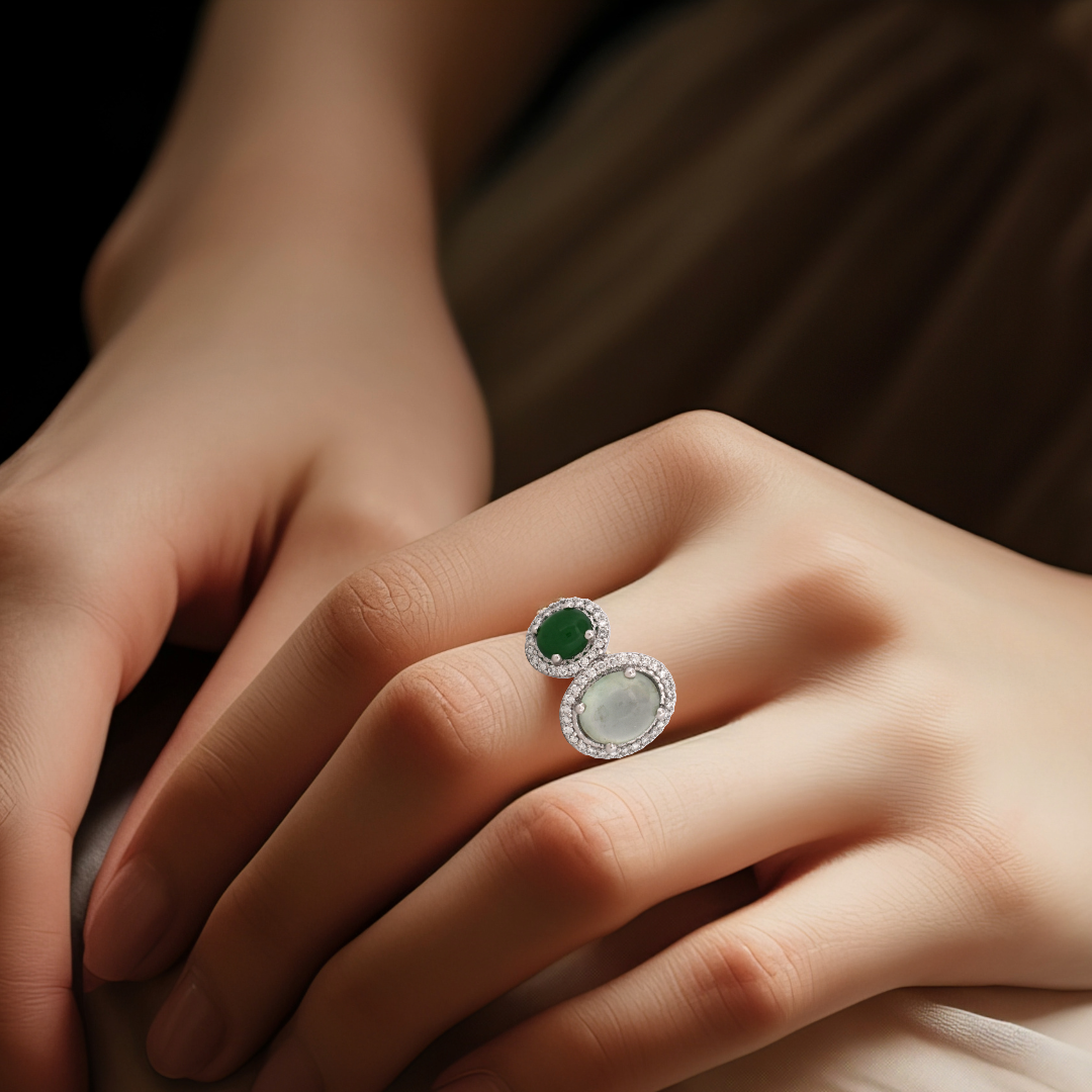 Kinchos toi et moi ring — dual jadeite with diamond halos, on hand