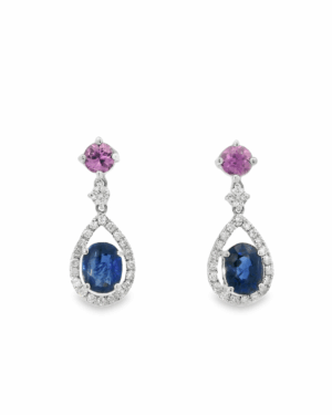 Pink and Blue Sapphire Halo Earrings
