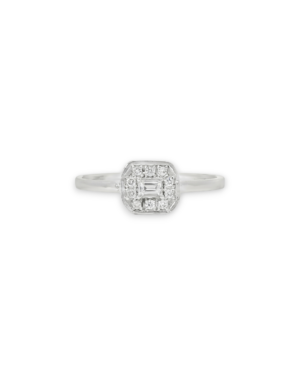18k white gold ring with a diamond baguette in the center with small melee diamond halo