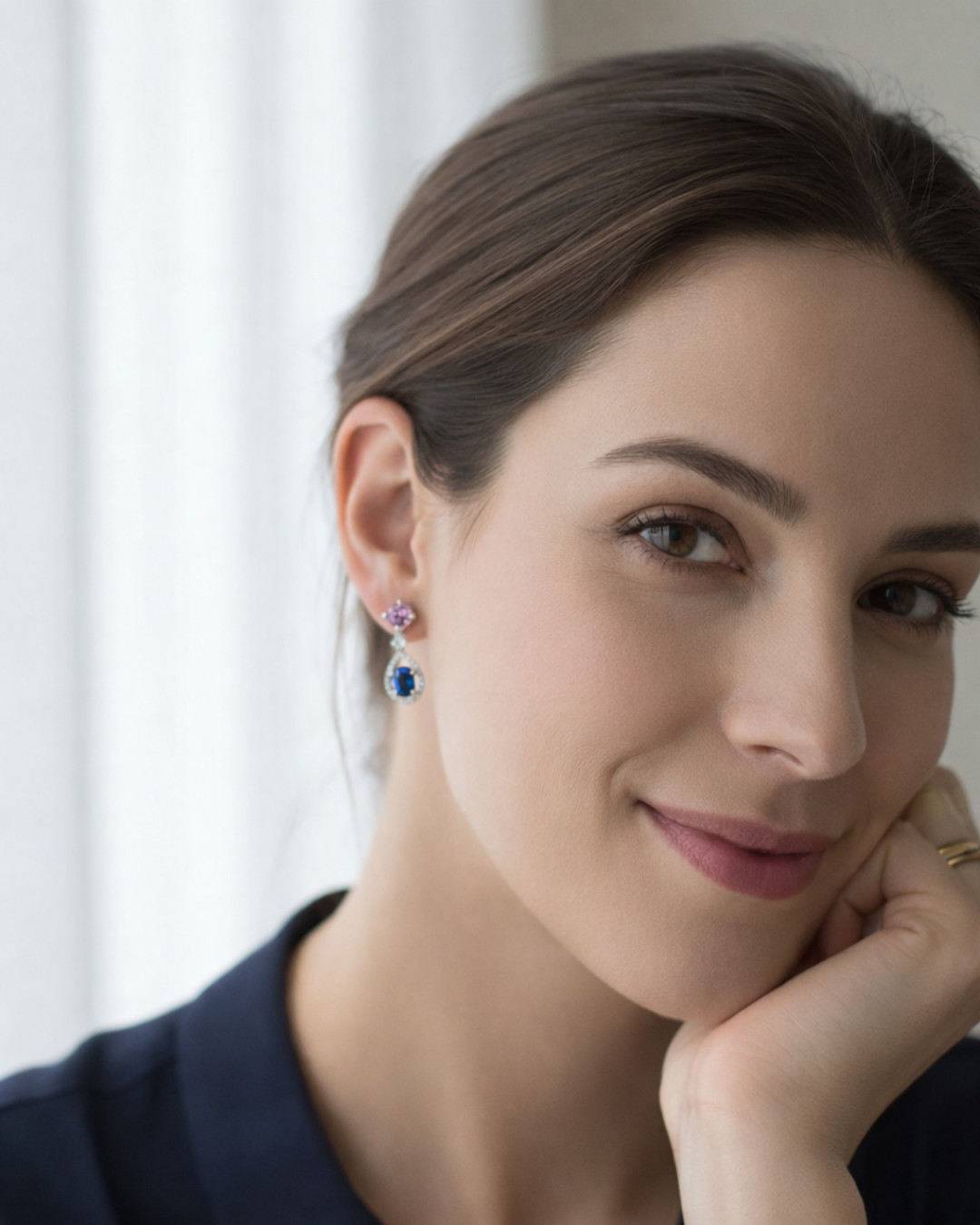 Pink and Blue Sapphire Halo Earrings - Image 2