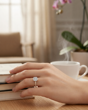 hand displaying 18k white gold ring with a diamond baguette in the center with small melee diamond halo