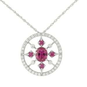 pink spinel diamond halo pendant