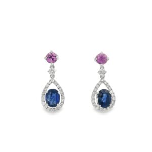 pink and blue sapphire halo earrings